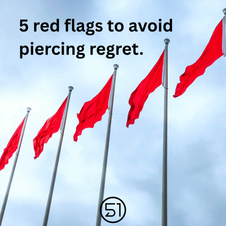 5 red flags with the words 5 red flags to avoid piercing regret with Area51 logo