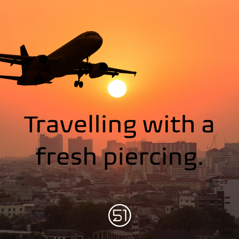 Image shows a plane flying off over a sunset. Text reads "travelling with a fresh piercing" Area 51 Basingstoke logo present