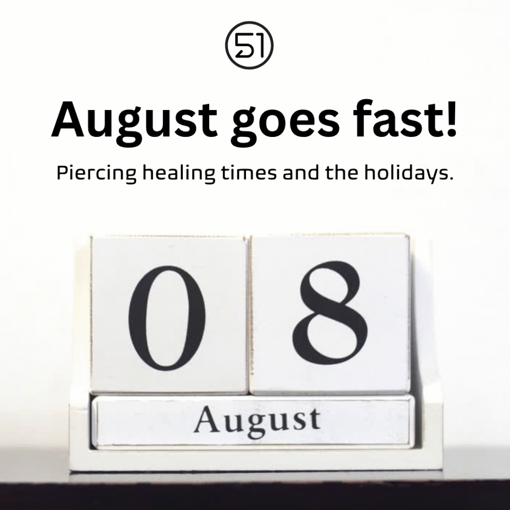 Promotional graphic: 'August goes fast!' with calendar blocks showing August; relates to piercing healing times and holidays.