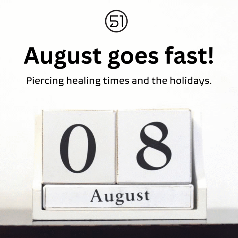 Promotional graphic: 'August goes fast!' with calendar blocks showing August; relates to piercing healing times and holidays.
