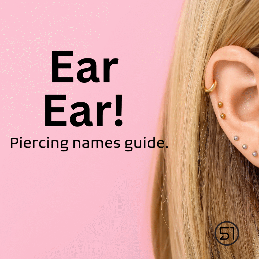 Text reads "Ear ear - piercing names guide.". Image shows a very pierced ear.