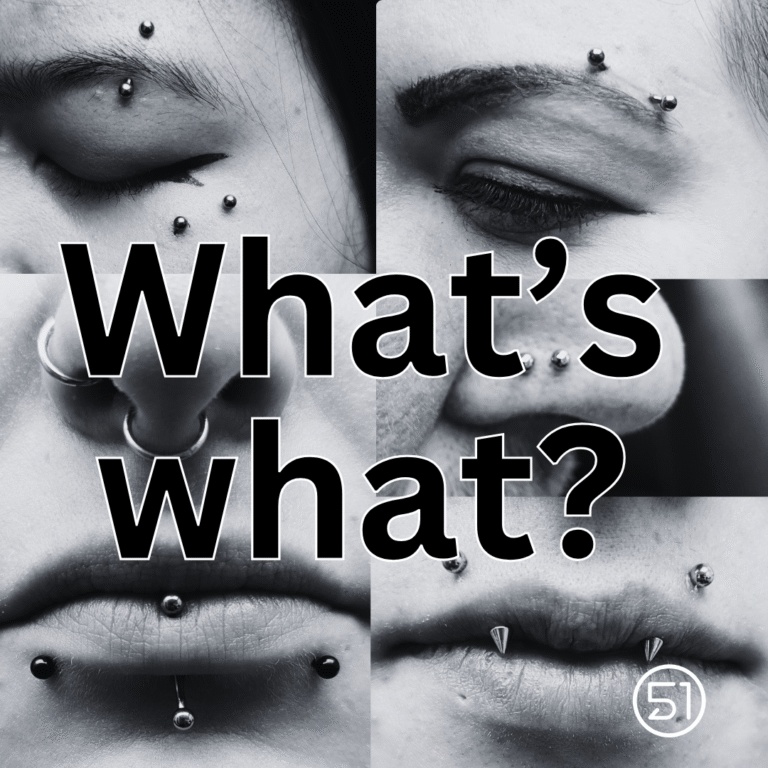 Image shows various facial piercings. Text reads "Whats what?". Area 51 logo is present at the bottom.