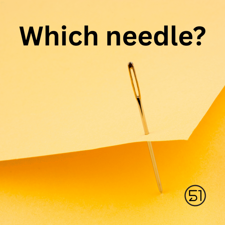 Image shows a needle going through paper. Text says "which needle". Area 51 logo is present at the bottom.